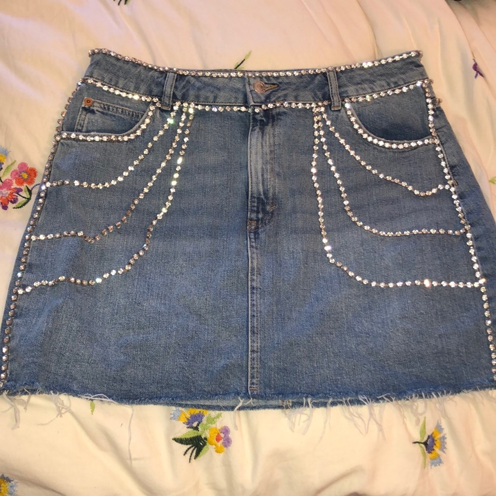 Topshop Blue A-Line Mini Skirt with Silver Embellishments